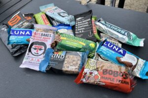 Multiple energy bars on a camp table