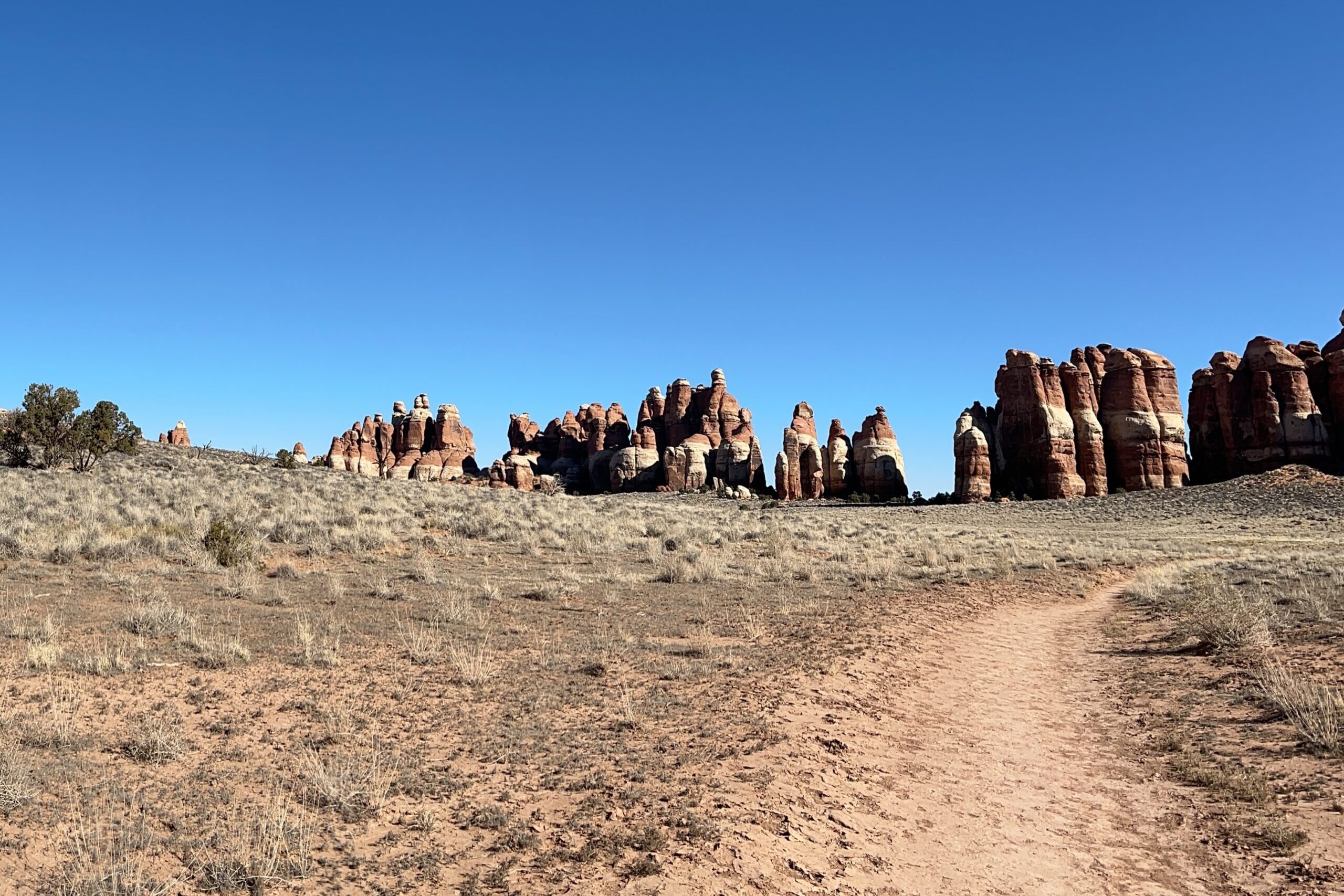 A trail in Canyonlands National Park leading to towering red rocks on a cloudless day