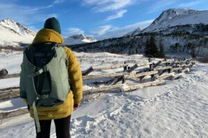 A woman faces away from the camera in front of a snowy mountain landscape wearing a green backpack.